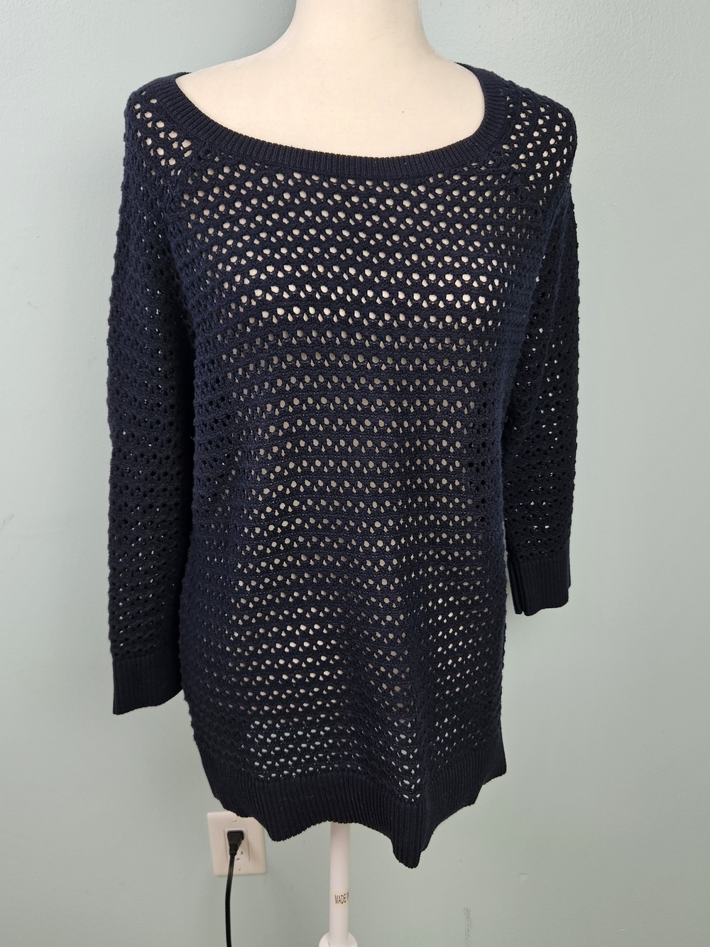 LOFT Navy Open-Weave Scoop Neck Sweater